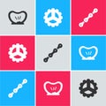 Set Bicycle punctured tire, sprocket crank and chain icon. Vector Royalty Free Stock Photo