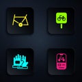 Set Bicycle rental mobile app, frame, Gloves and parking. Black square button. Vector