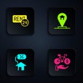 Set Bicycle rental mobile app, Rent, House with percant and Location house. Black square button. Vector