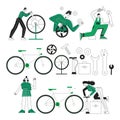 Set of bicycle repair service characters and tools