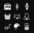 Set Bicycle repair service, suspension, Smart watch, pedal, helmet, rental mobile app, basket and frame icon. Vector Royalty Free Stock Photo