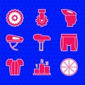 Set Bicycle seat, Award over sports winner podium, wheel, Cycling shorts, t-shirt, helmet, and cassette icon. Vector Royalty Free Stock Photo