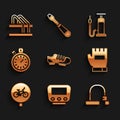 Set Bicycle shoes, speedometer, lock, Gloves, Stopwatch, air pump and parking icon. Vector Royalty Free Stock Photo