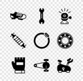 Set Bicycle shoes, Wrench spanner, bell, Gloves, chain with gear, Stationary bicycle, suspension and brake disc icon Royalty Free Stock Photo