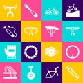 Set Bicycle suspension, wheel, handlebar, air pump, and seat icon. Vector