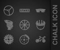 Set Bicycle wheel, brake disc, helmet, sprocket crank, Sport cycling sunglasses and icon. Vector