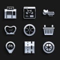 Set Bicycle wheel, lane, basket, Location with bicycle, punctured tire, shoes and repair service icon. Vector