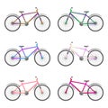 Set of bicycles with different coloring. Vector on white background. Royalty Free Stock Photo