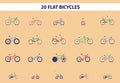 Set of bicycles in flat style. City bike, BMX, downhill, folding bike, fixed gear, rastabike, fatbike, sport bike. Kids bikes.