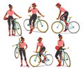 Set Of Bicyclist Woman Activities Energetic Cyclist Female Character Pedals Her Bike, Holding Bicycle In Hand Royalty Free Stock Photo