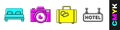 Set Big bed, Photo camera, Suitcase and Signboard with text Hotel icon. Vector Royalty Free Stock Photo