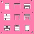 Set Big bed, Wooden table, Grand piano, Shelf, Chair, and Oven icon. Vector Royalty Free Stock Photo