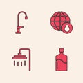 Set Big bottle with clean water, Water tap, Earth planet in drop and Shower icon. Vector Royalty Free Stock Photo