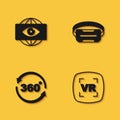 Set Big brother electronic eye, Virtual reality, 360 degree view and glasses icon with long shadow. Vector Royalty Free Stock Photo