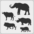 Set of Big Five animals silhouettes. Lion, elephant, rhino, leopard and buffalo. Royalty Free Stock Photo