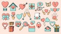 Set of big simple flat icons of beautiful hearts, gifts, envelopes, love items for the holiday of love Valentine`s Day February 14 Royalty Free Stock Photo