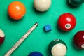 Set of billiard balls with cue and chalk on green table, flat lay Royalty Free Stock Photo