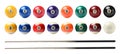 Set with billiard balls and wooden cues on white background. Banner design Royalty Free Stock Photo