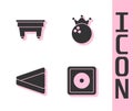 Set Billiard chalk, table, triangle and Bowling ball icon. Vector Royalty Free Stock Photo