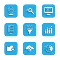 Set Binary code, Cloud and shield, Pie chart infographic, Folder lock, Server, Data analysis and icon. Vector Royalty Free Stock Photo