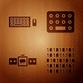 Set Binary code, Keyboard and mouse, Smartwatch and Pills in blister pack on wooden background. Vector.
