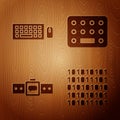 Set Binary code, Keyboard and mouse, Smartwatch and Pills in blister pack on wooden background. Vector. Royalty Free Stock Photo