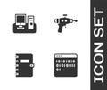 Set Binary code, Monitor with keyboard, Spiral notebook and Ray gun icon. Vector Royalty Free Stock Photo