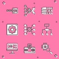 Set Binary code, Neural network, Computer api interface, Algorithm, and Artificial intelligence AI icon. Vector Royalty Free Stock Photo