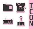 Set Binder clip, Document folder, Keyboard and Coffee machine icon. Vector