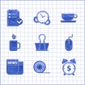 Set Binder clip, Scotch, Alarm clock with dollar symbol, Computer mouse, News, Cup of tea and leaf, Coffee cup flat and