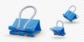 Set of binder clips. Blue paper clip with metal handles Royalty Free Stock Photo