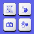 Set Bingo card, Bowling pin and ball, Time chess clock and Puzzle pieces toy icon. White square button. Vector