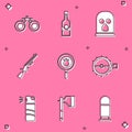Set Binoculars, Bottle of vodka, Balaclava, Shotgun, Paw search, Trap hunting, Pepper spray and Wooden axe icon. Vector