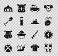 Set Binoculars, Compass, Lemon, Car, Flashlight, Shovel, Tourist tent and Tree stump icon. Vector Royalty Free Stock Photo