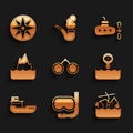 Set Binoculars, Diving mask and snorkel, Sinking cruise ship, Periscope, Cargo, Iceberg, Submarine and Wind rose icon