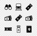 Set Binoculars, Train, Airline ticket, Bus, Cover book travel guide, and icon. Vector Royalty Free Stock Photo