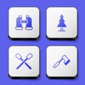 Set Binoculars, Tree, Burning match with fire and Wooden axe icon. White square button. Vector