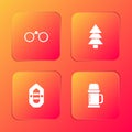 Set Binoculars, Tree, Rafting boat and Thermos container icon. Vector