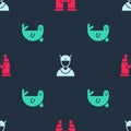 Set Binoculars, Viking head and Fur seal animal on seamless pattern. Vector Royalty Free Stock Photo