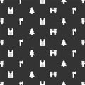 Set Binoculars, Wooden axe, Life jacket and Forest on seamless pattern. Vector Royalty Free Stock Photo