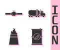 Set Bio fuel barrel, Industry pipes and valve, Oil rig with fire and Tanker truck icon. Vector