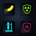 Set Biohazard symbol on shield, Bacteria, Test tube flask on stand and Radioactive in shield. Black square button Royalty Free Stock Photo