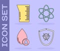 Set Biohazard symbol on shield, Laboratory glassware or beaker, Water drop and Atom icon. Vector