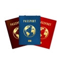 Set of Biometric blue brown and red passports cover. Identity document with digital id. Golden text passport and global map