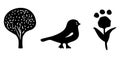 Set of bird and botanical vector motif. Collection of garden wildlife and woodland songbirds.