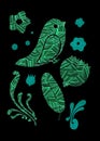Pattern - bird, flowers, feathers, curls. Green on a black background Royalty Free Stock Photo