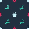 Set Bird house, Apple and Hand holding flower on seamless pattern. Vector Royalty Free Stock Photo