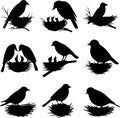 set of 9 bird nest silhouettes in solid black Royalty Free Stock Photo