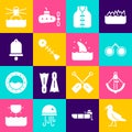 Set Bird seagull, Anchor, Binoculars, Life jacket, Dead fish, Ship bell, Lighthouse and Shark fin ocean wave icon