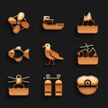 Set Bird seagull, Aqualung, Captain hat, Sinking cruise ship, Lighthouse, Fish, Iceberg and Boat propeller icon. Vector Royalty Free Stock Photo